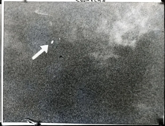 Framed Print : Arrow Points To Ufo In Grainy Sky Photo