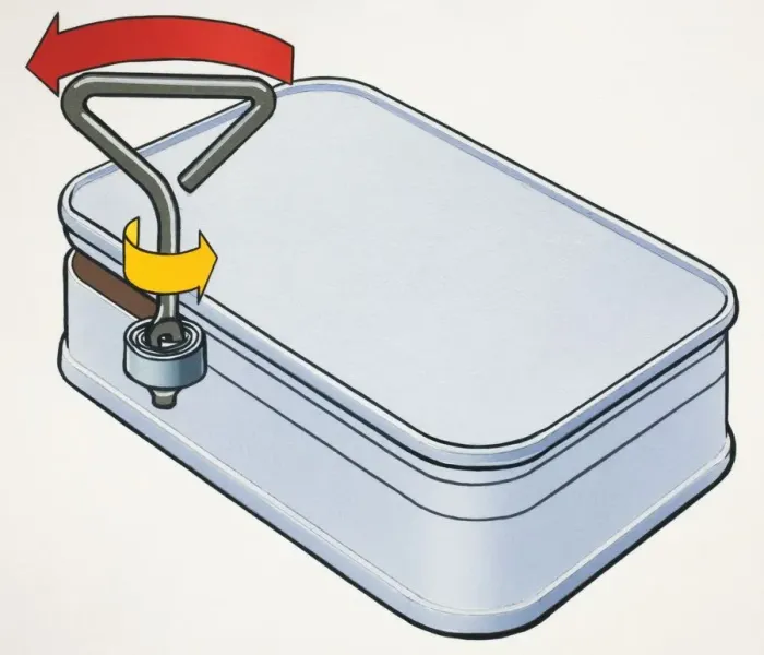 Framed Print : Arrows illustrating circular movement of key twisting to open rectangular metal tin, front view Framed Print : Arrows illustrating circular movement of key twisting to open rectangular metal tin, front view