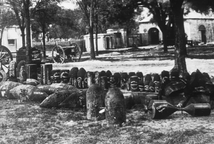 Framed Print : Arsenal. Confederate torpedoes, shot and shells in front of the arsenal in Charleston Framed Print : Arsenal. Confederate torpedoes, shot and shells in front of the arsenal in Charleston