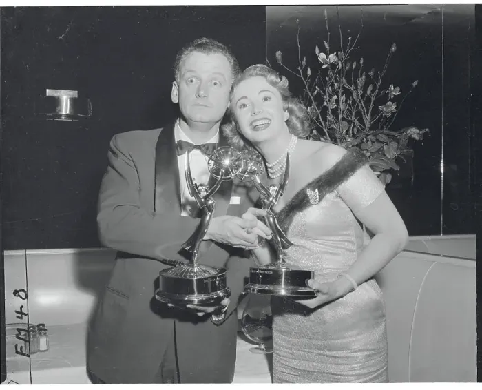 Framed Print : Art Carney and Audrey Meadows Holding Emmy Awards Framed Print : Art Carney and Audrey Meadows Holding Emmy Awards