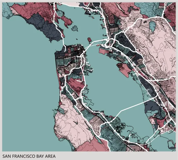 Framed Print : art illustration background, san francisco bay area map