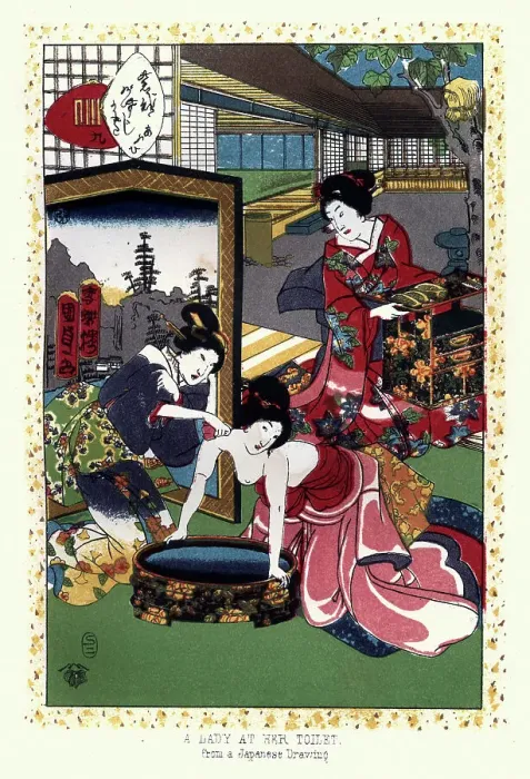 Framed Print : Art of Japan, Japanese lady washing, sponge bath, 19th Century Framed Print : Art of Japan, Japanese lady washing, sponge bath, 19th Century