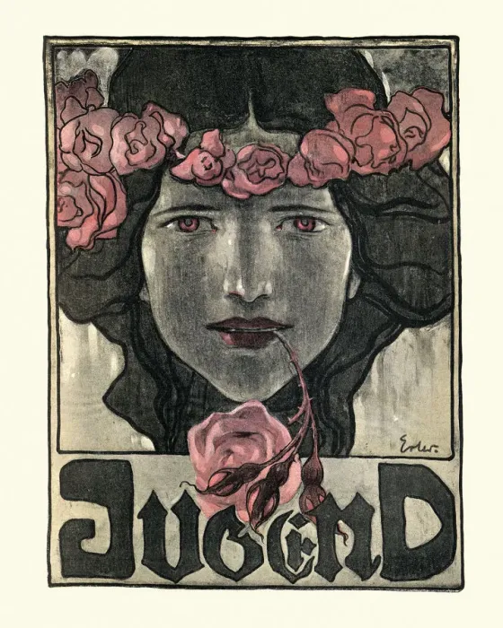 Framed Print : Art Nouveau portrait of Woman holding rose in her mouth, Youth, German Framed Print : Art Nouveau portrait of Woman holding rose in her mouth, Youth, German