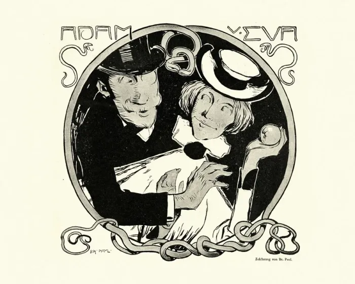 Framed Print : Art nouveau representation of Adam and Eve, Temptation, The Apple