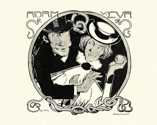 Art nouveau representation of Adam and Eve, Temptation, The Apple