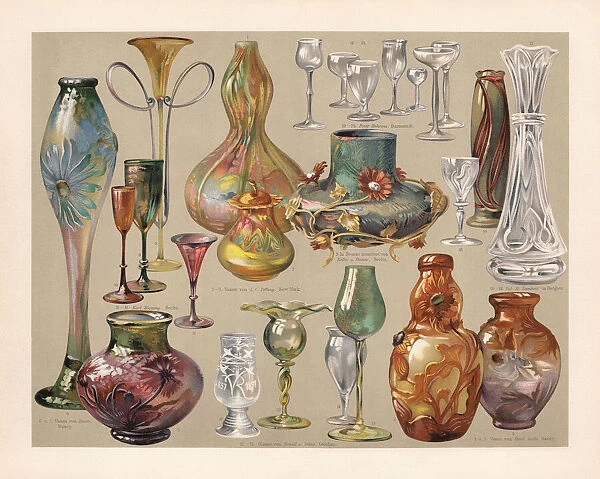 Art Nouveau vases and glasses. chromolithograph, published in 1900