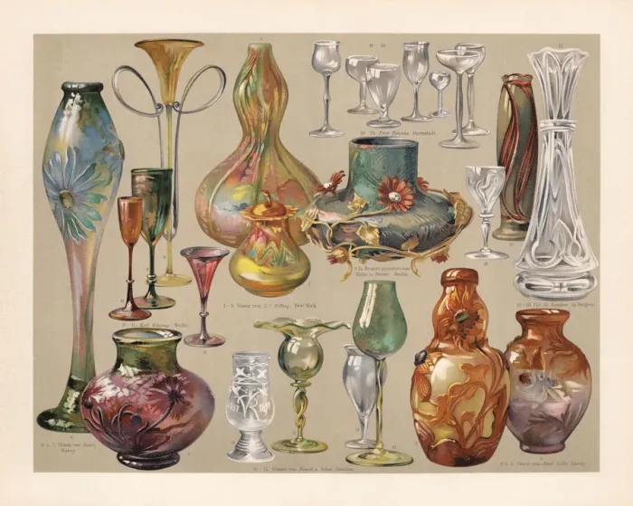 Framed Print : Art Nouveau vases and glasses. chromolithograph, published in 1900