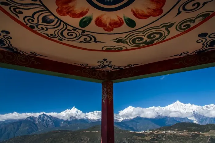 Framed Print : Art of Tibetan style and snow mountain Framed Print : Art of Tibetan style and snow mountain