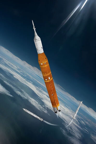 Artemis 1 Solid Space Launch System (SLS) rocket with Solid Rocket Boosters dropping away