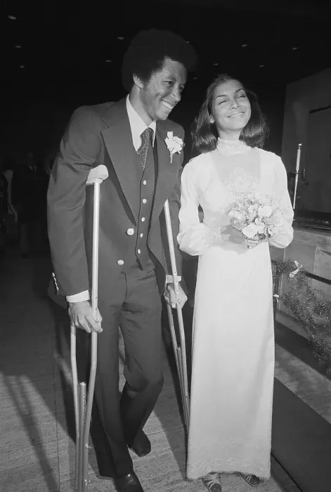 Framed Print : Arthur Ashe on Crutches with Bride at Wedding Framed Print : Arthur Ashe on Crutches with Bride at Wedding