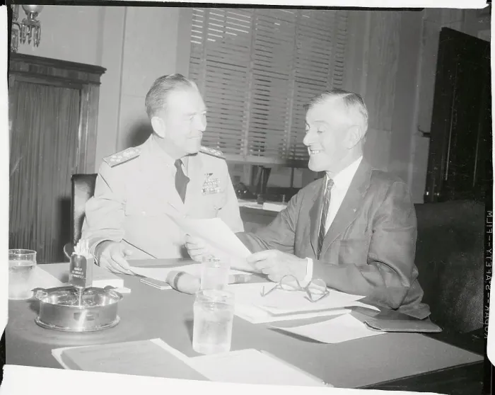 Framed Print : Arthur Radford Conferring With Leverett Saltonstall Framed Print : Arthur Radford Conferring With Leverett Saltonstall
