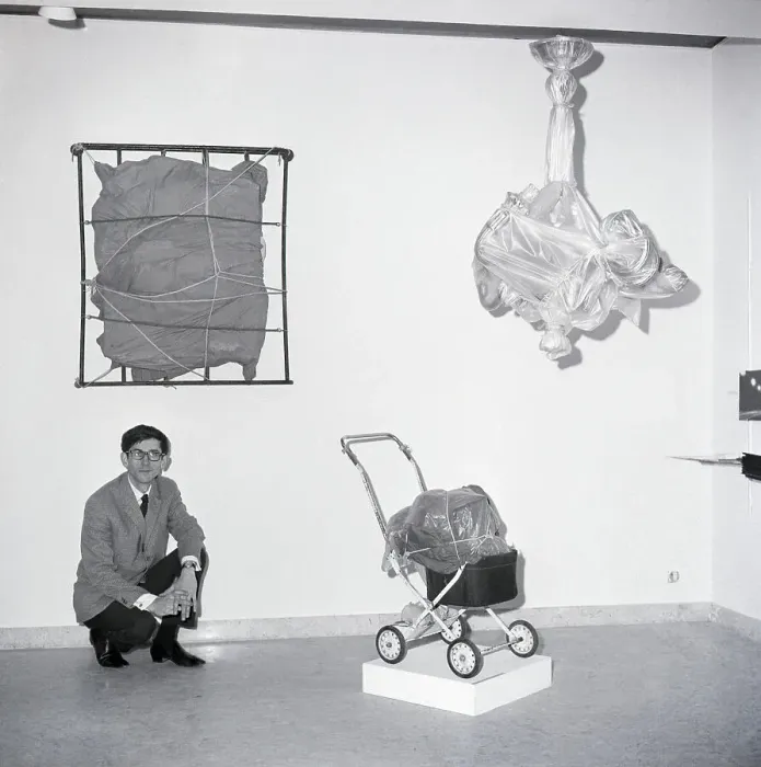 Framed Print : Artist Christo With Wrapped Artworks Framed Print : Artist Christo With Wrapped Artworks