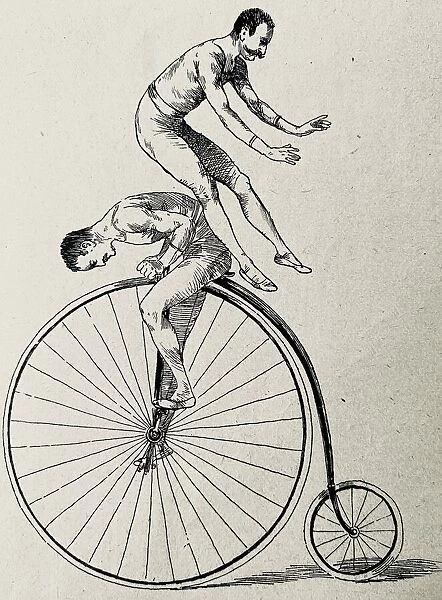 Artistic cycling, two men on a penny farthing bicycle, one jumping over the other