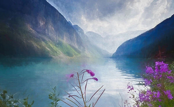 Artistic, Textured Image Featuring Lake Louise and Pink Purple Flowers