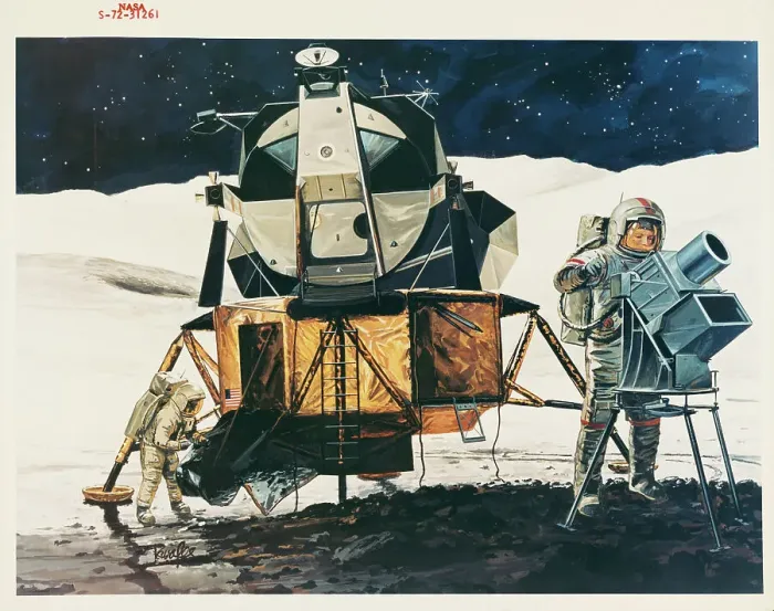 Framed Print : An artist's concept showing Astronaut John W. Young (right) Framed Print : An artist's concept showing Astronaut John W. Young (right)