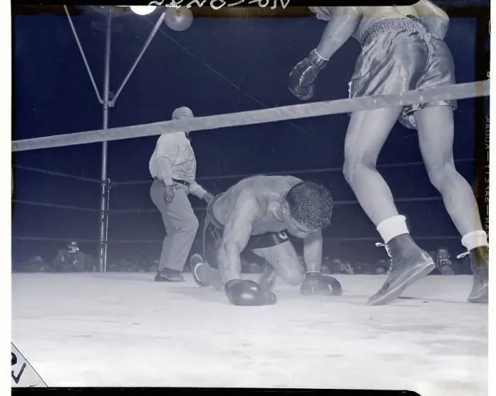 Framed Print : Arturo Godoy Struggling on His Knees Framed Print : Arturo Godoy Struggling on His Knees