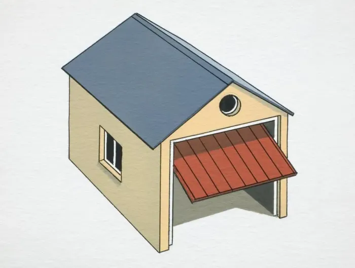 Framed Print : Artwork of a garage with the main door opening Framed Print : Artwork of a garage with the main door opening