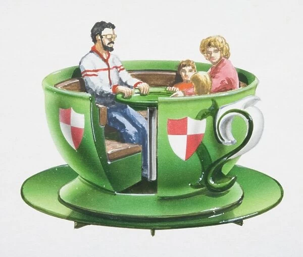 Artwork of a green teacup ride seat containing a man, woman and two children