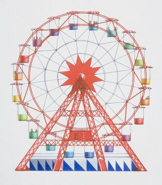 Artwork of a red big wheel with multi coloured hanging seats