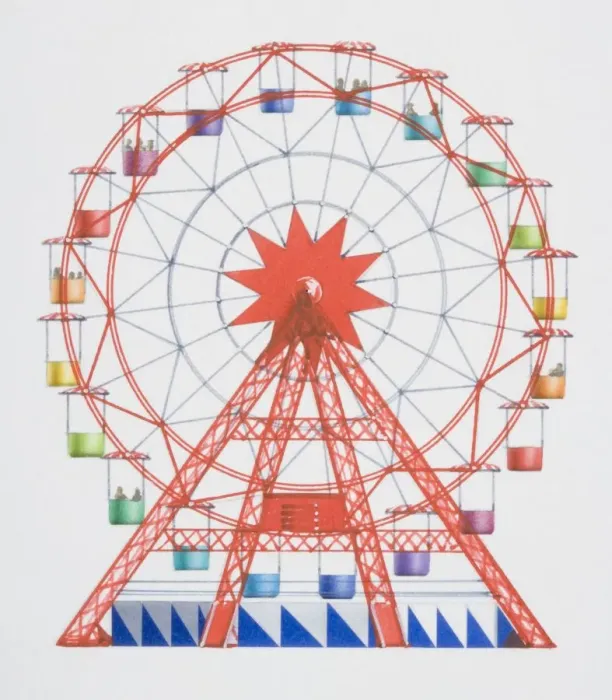 Framed Print : Artwork of a red big wheel with multi coloured hanging seats Framed Print : Artwork of a red big wheel with multi coloured hanging seats