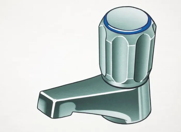 Framed Print : Artwork of a silver tap with a blue ring on top of the screw handle Framed Print : Artwork of a silver tap with a blue ring on top of the screw handle