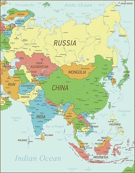 Asia Map with national borders and rivers