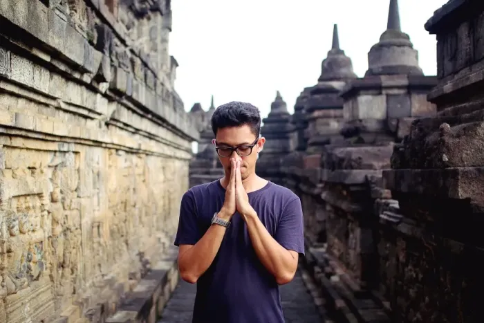 Framed Print : Asian man in blue tshirt at Borobudur temple Framed Print : Asian man in blue tshirt at Borobudur temple
