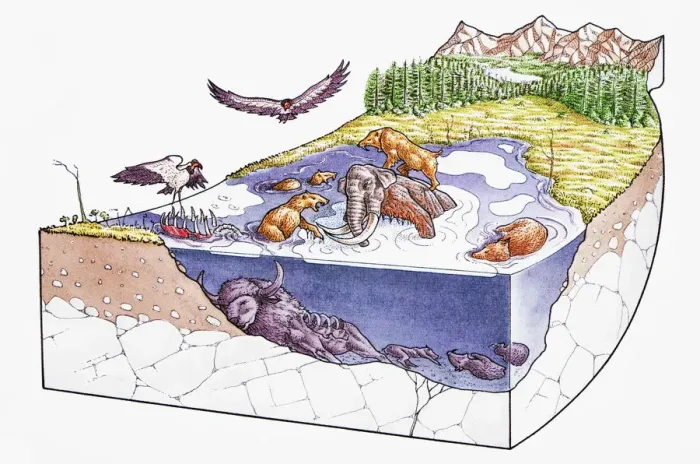 Framed Print : Asphalt lake with creatures above and below surface, during fossilization process Framed Print : Asphalt lake with creatures above and below surface, during fossilization process