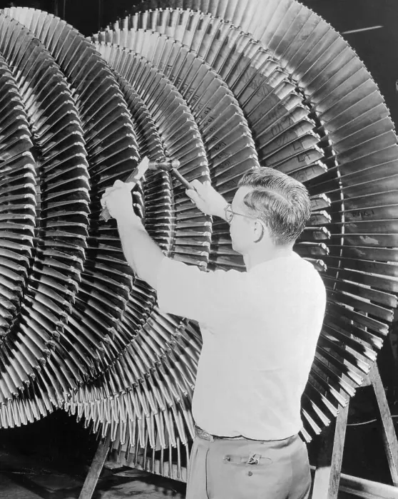 Framed Print : Assembler Working on Turbine Wheel Framed Print : Assembler Working on Turbine Wheel