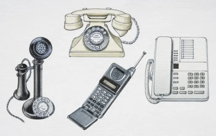 Framed Print : Assorted telephones from various stages in history, front view Framed Print : Assorted telephones from various stages in history, front view
