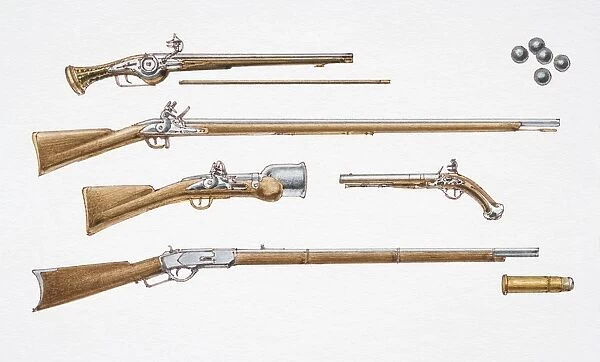 Assortment of 17th, 18th and 19th century guns and ammunition, side view