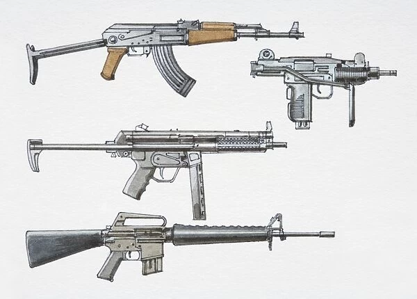 Assortment of post-1940 submachine guns, side view