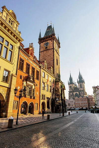 Astronomical clock, Old Town Square and Tyn Church early in the morning, Prague, Czech Republic