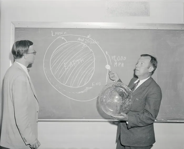 Framed Print : Athelstan Spilhaus Explaining Satellite Orbit Framed Print : Athelstan Spilhaus Explaining Satellite Orbit