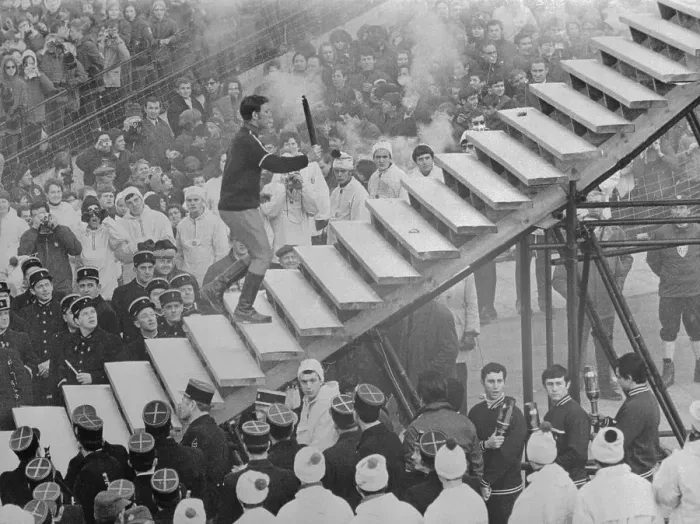 Framed Print : Athlete Running on Stairs with Olympic Torch Framed Print : Athlete Running on Stairs with Olympic Torch