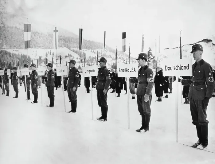 Framed Print : Athletes Stand Behind Their Point - 1936 Winter Olympic Games Framed Print : Athletes Stand Behind Their Point - 1936 Winter Olympic Games