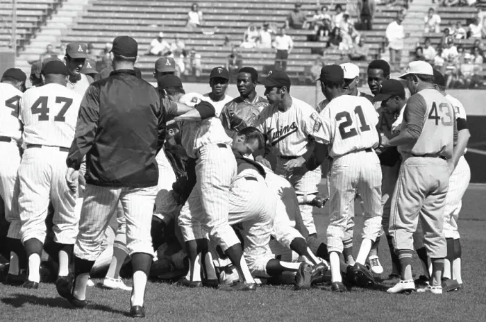 Framed Print : Athletics v. Twins Fight Framed Print : Athletics v. Twins Fight
