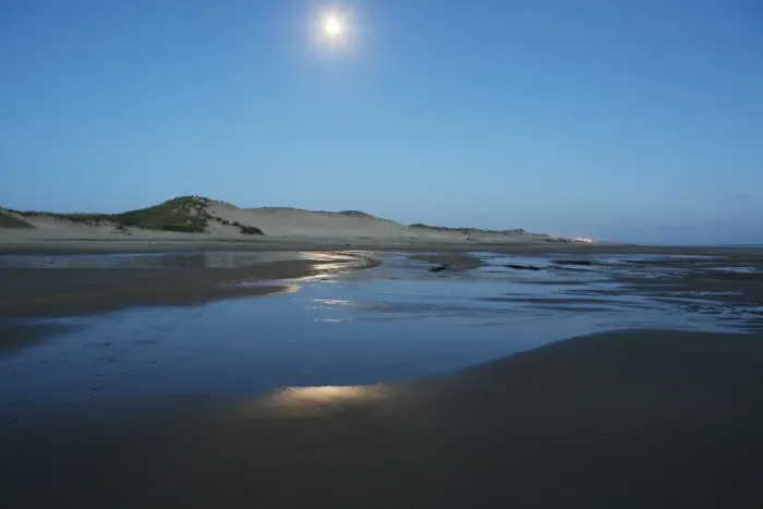 Framed Print : Atlantic Ocean, Atlantic coast at low tide, dunes, dune landscape, beach near Naujac-sur-Mer in the moonlight, Aquitaine region, departement of Gironde, France, Europe