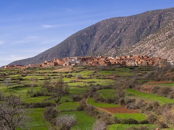 Atlas Mountains, mud-brick village of Anammer at the back, Ourika Valley, Marrakech-Tensift-Al Haouz, Morocco