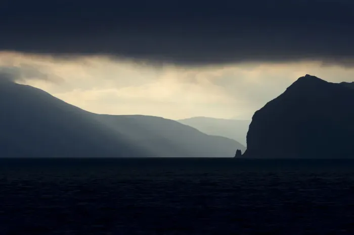 Framed Print : Atmospheric clouds, ferry passage from Gamlaraett, Streymoy, to Skopun, Sandoy, Faroe Islands, Denmark