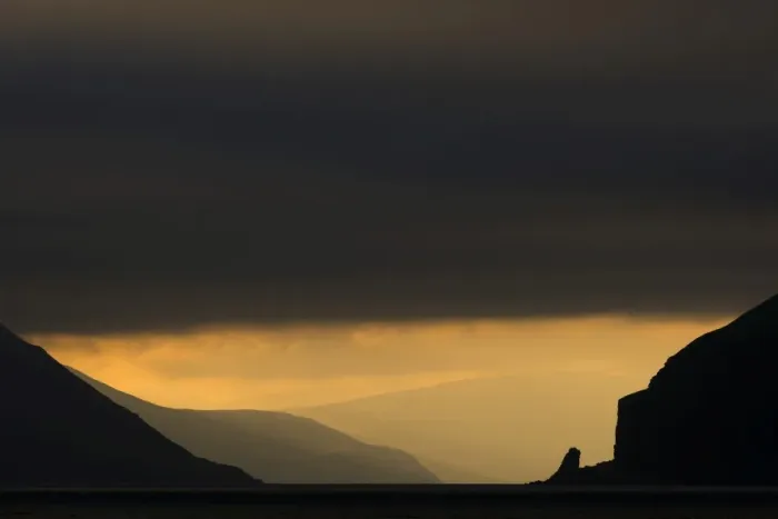 Framed Print : Atmospheric clouds, ferry passage from Gamlaraett, Streymoy, to Skopun, Sandoy, Faroe Islands, Denmark
