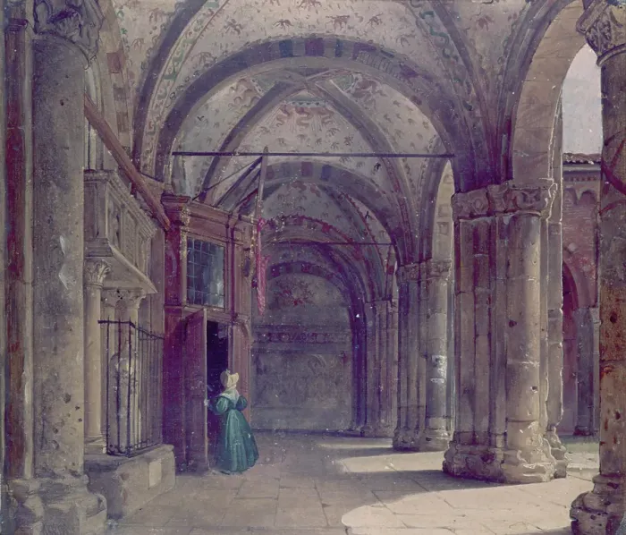 Framed Print : Atrium of Sant'Ambrose, the porch of the narthex (Atrio di Sant'Ambrogio, il portico del nartece), by Luigi Bisi, 1840, 19th Century, oil on canvas, 31, 5 x 36 cm