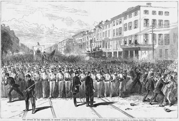 Framed Print : The Attack on the Procession, on Eighth Avenue, Between Twenty-Fourth and Twenty-Fifth Streets Newspaper Illustration Framed Print : The Attack on the Procession, on Eighth Avenue, Between Twenty-Fourth and Twenty-Fifth Streets Newspaper Illustration