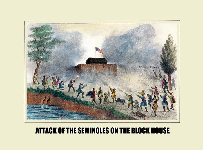 Framed Print : Attack of the Seminoles on the block house Framed Print : Attack of the Seminoles on the block house