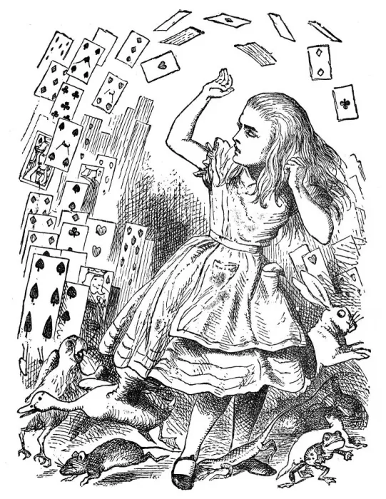 Framed Print : Attacked by a pack of playing cards - Alice in Wonderland 1897 Framed Print : Attacked by a pack of playing cards - Alice in Wonderland 1897