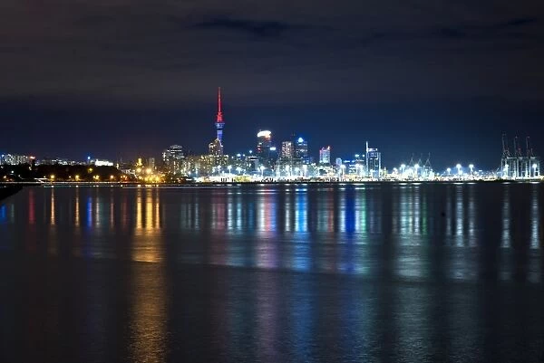 Auckland Central Business District or Auckland Central Business District from Okahu Bay, at night, Okahu Bay, Auckland, Auckland Region, New Zealand