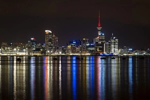 Auckland skyline at night, seen from Bayswater, Auckland, North Island, New Zealand