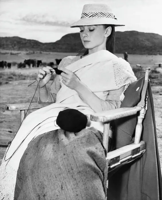 Framed Print : Audrey Hepburn Knitting While on Film Location Framed Print : Audrey Hepburn Knitting While on Film Location