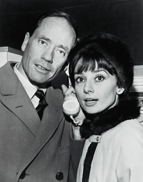Framed Print : Audrey Hepburn and Mel Ferrer Sharing Telephone
