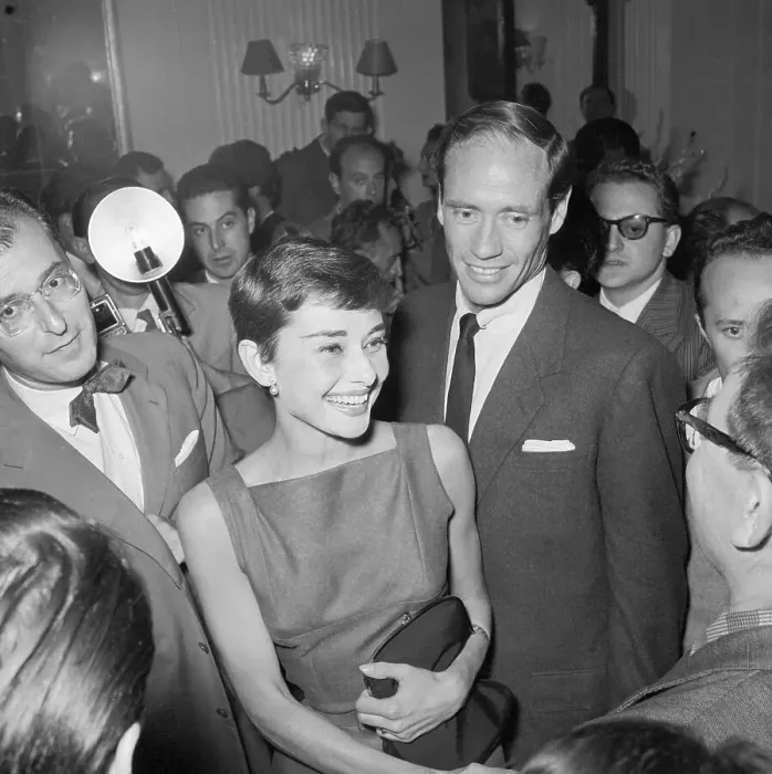 Framed Print : Audrey Hepburn and Mel Ferrer Speaking to Journalists